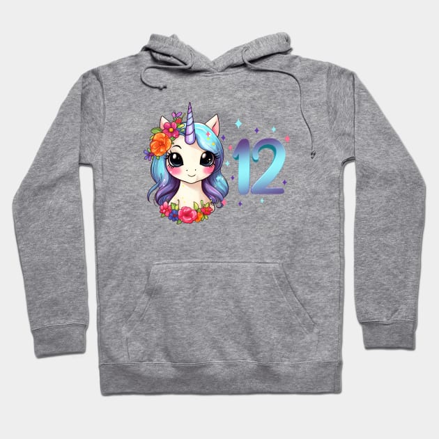 I am 12 with unicorn - girl birthday 12 years old Hoodie by Modern Medieval Design